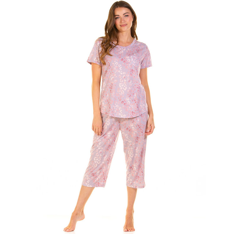 Wysteria Lane Rose Leopard Crew Neck Short Sleeve Cropped Pyjama Set